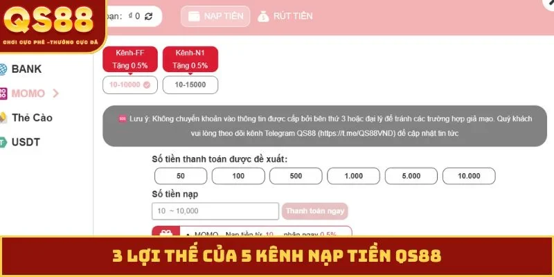 3 lợi thế của 5 kênh nạp tiền QS88