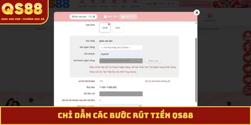 Chỉ dẫn các bước rút tiền QS88